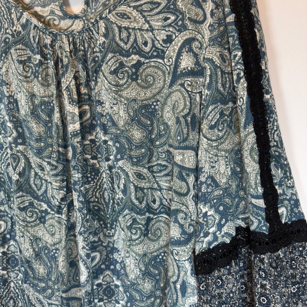 CATO XL Paisley Boho Blouse Blue Teal Lace Inset Flared Sleeve Rayon Top - Picture 6 of 11